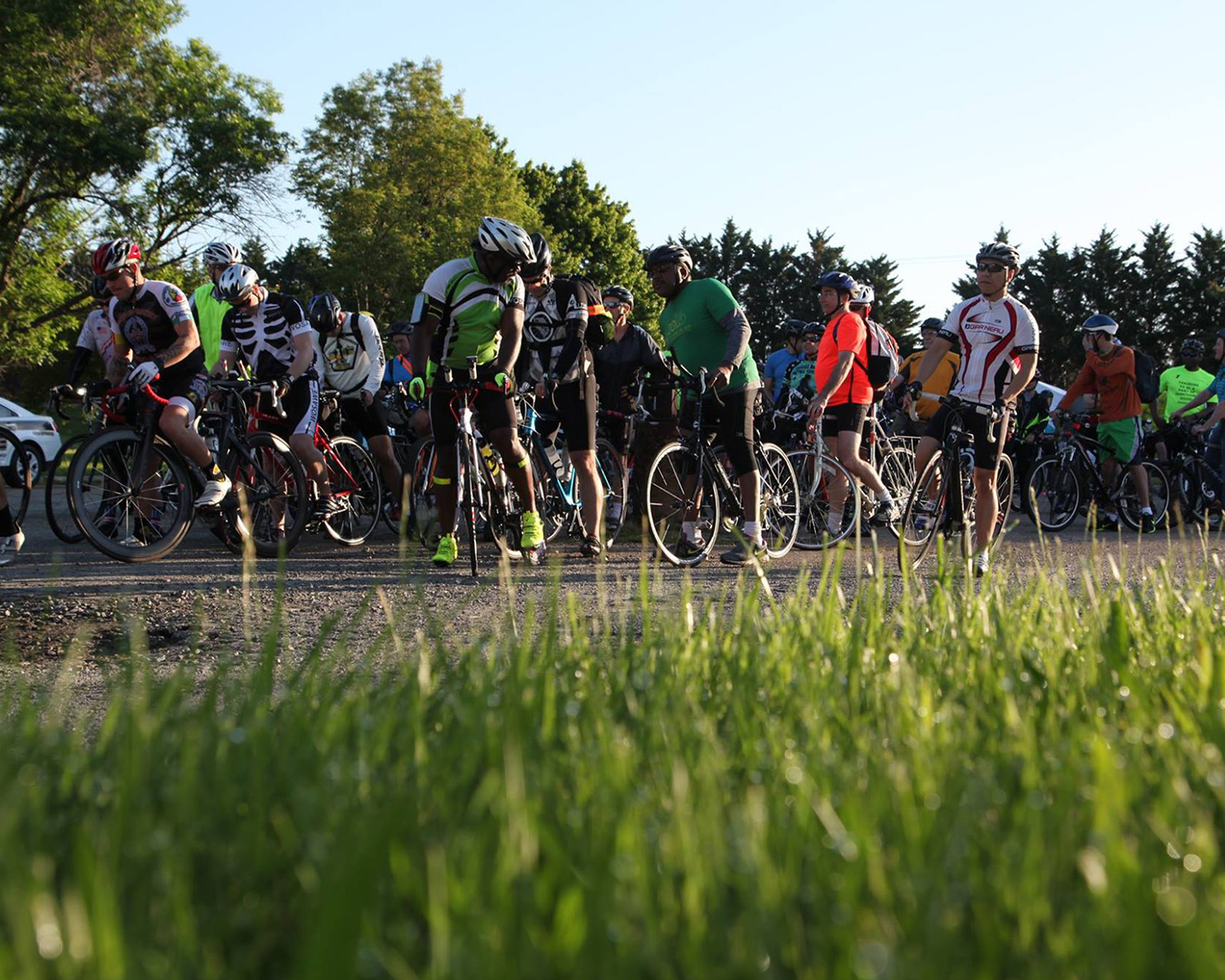Bicyclists lined up together waiting to start pedaling on the road.
